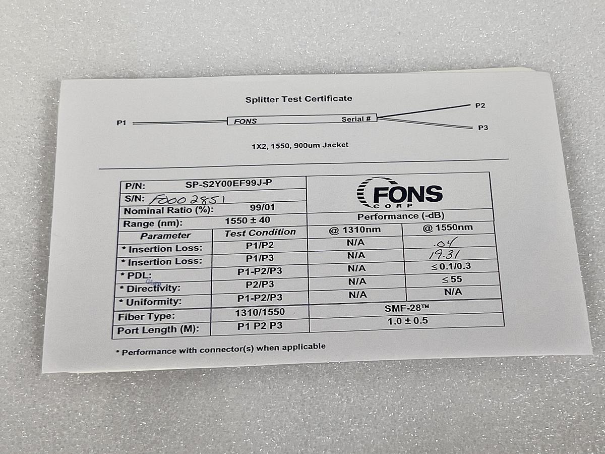 FONS Corp SP-S2Y00EF99J-P Fiber Optic Splitter 1X2, 1550 nm, 900 um Jacket