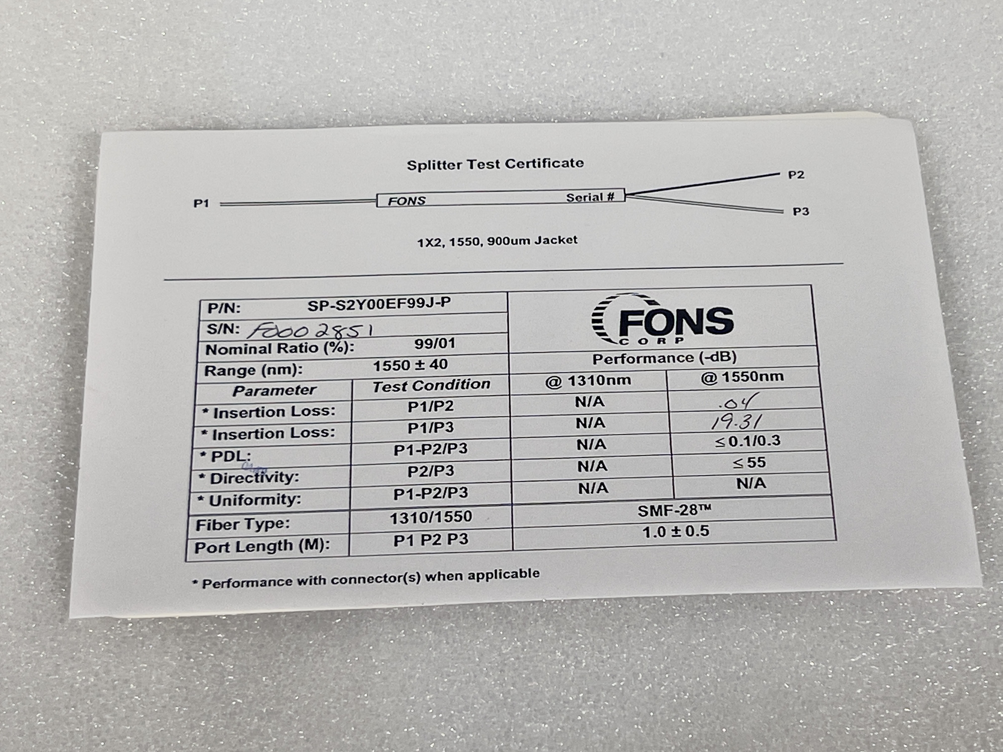 FONS Corp SP-S2Y00EF99J-P Fiber Optic Splitter 1X2, 1550 nm, 900 um Jacket