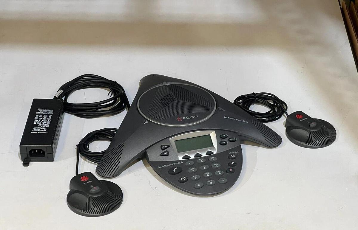 Used Polycom SoundStation IP 6000 P/N 2201-15600-001 + POE Power Supply & Microphones