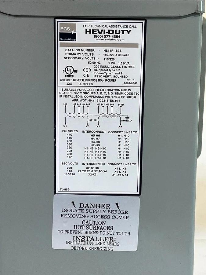 Used Sola Hevi-Duty HS14F1.5BS 1.5 kVA Transformer Pri 190/220 X 380/440 Sec 110/220