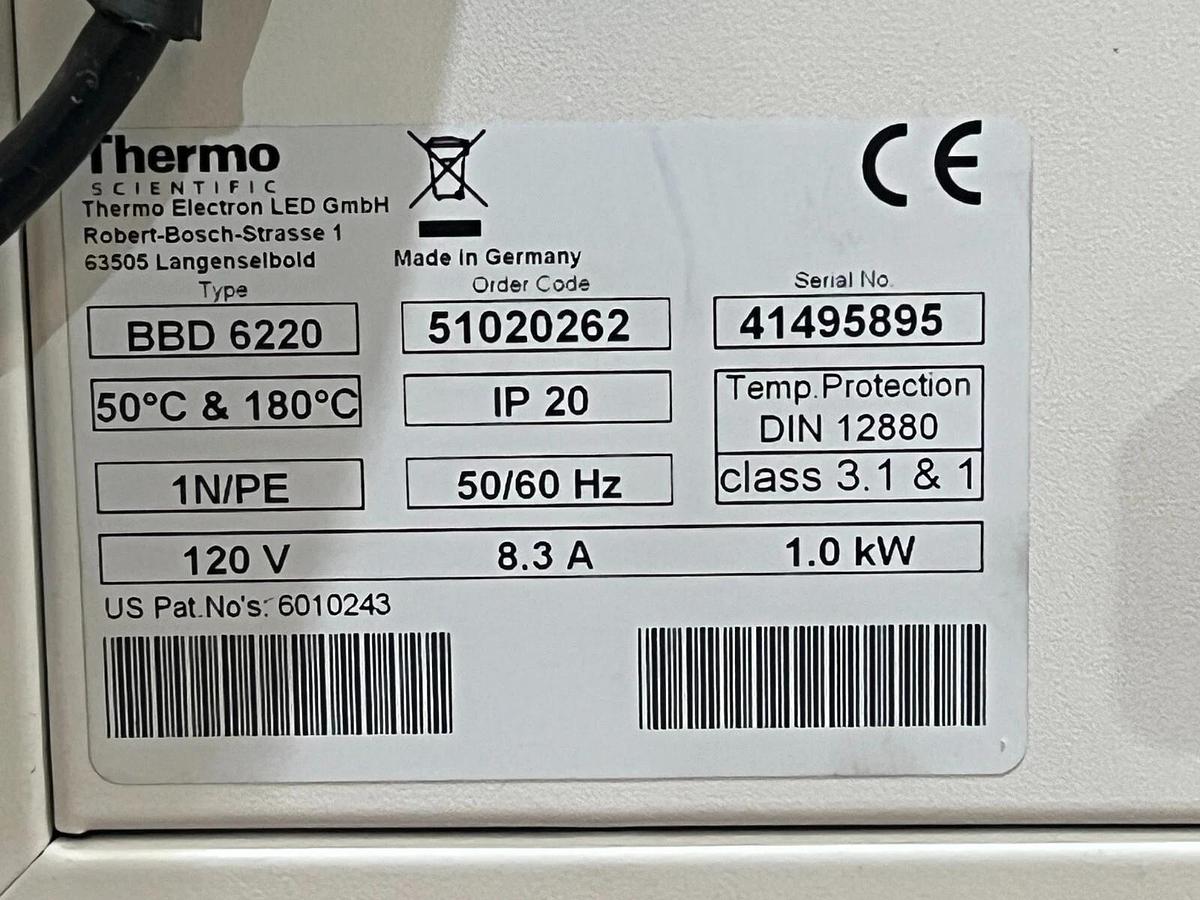 Used Thermo Scientific Catalog Number: 51020262 BBD 6220 CO2 Incubator 220 Liter