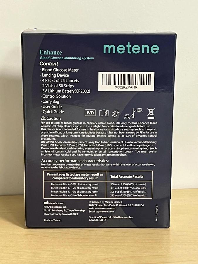 Used Metene Enhance Blood Glucose Monitoring System with 100 Strips EXP 09/22