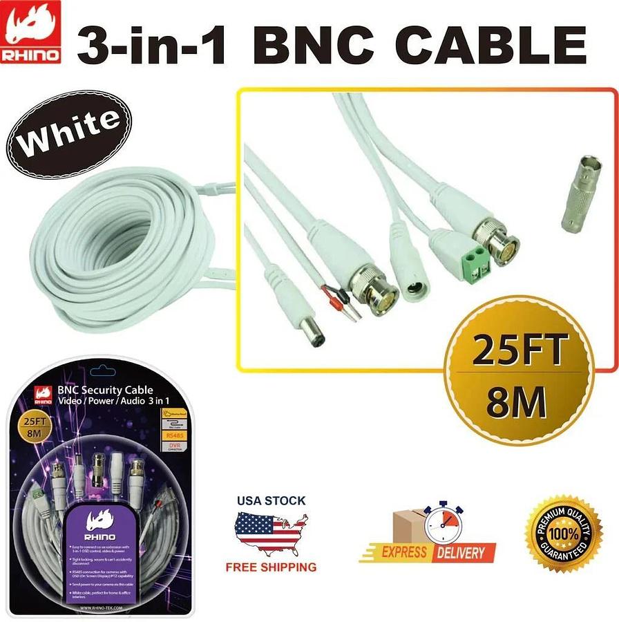 Used Rhino Tek 25FT BNC Security Cable, 3 in 1: Video / Power / Audio - RHC-031-025
