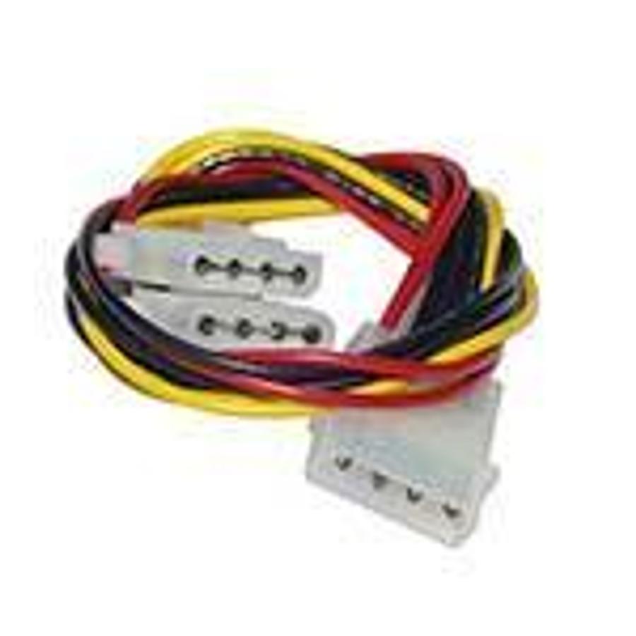 Used 12" jumper/adapter for disk drive / fan computer power ('Y' configuration). 4-pin 4-wire jumper, Male, to 2 Female 4-pin 4-wire Molex series 8981 type connectors ES6328