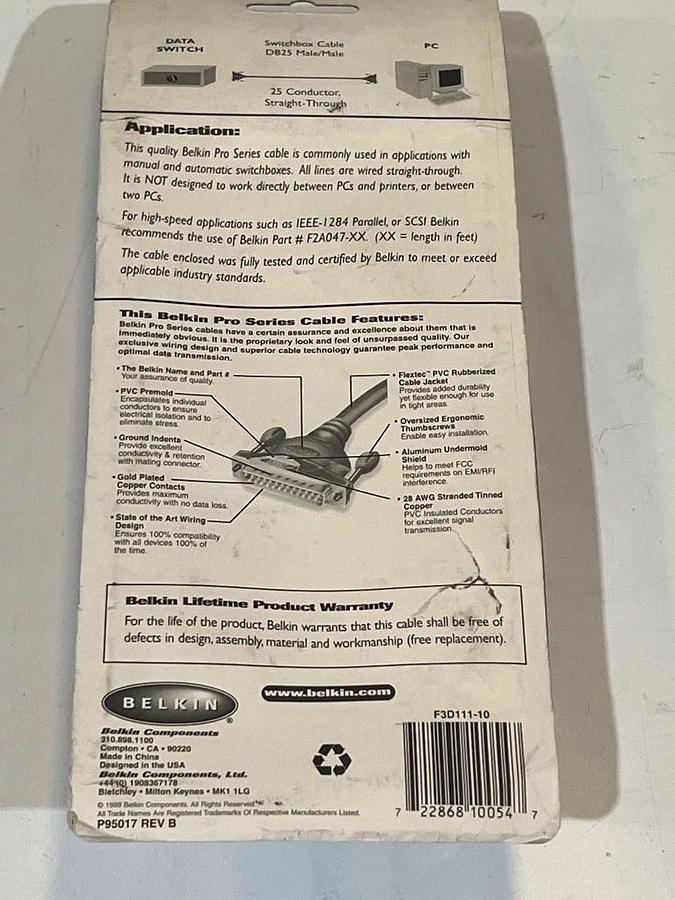 Used Lot of 9 Pieces: Belkin F3D111-10 DB-25 Male-Male 10 ft Parallel Cable 25-Cond.