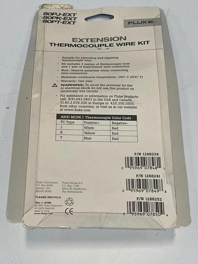 Fluke 80PK-EXT Type K Extension Thermocouple Wire Kit - New Old Stock