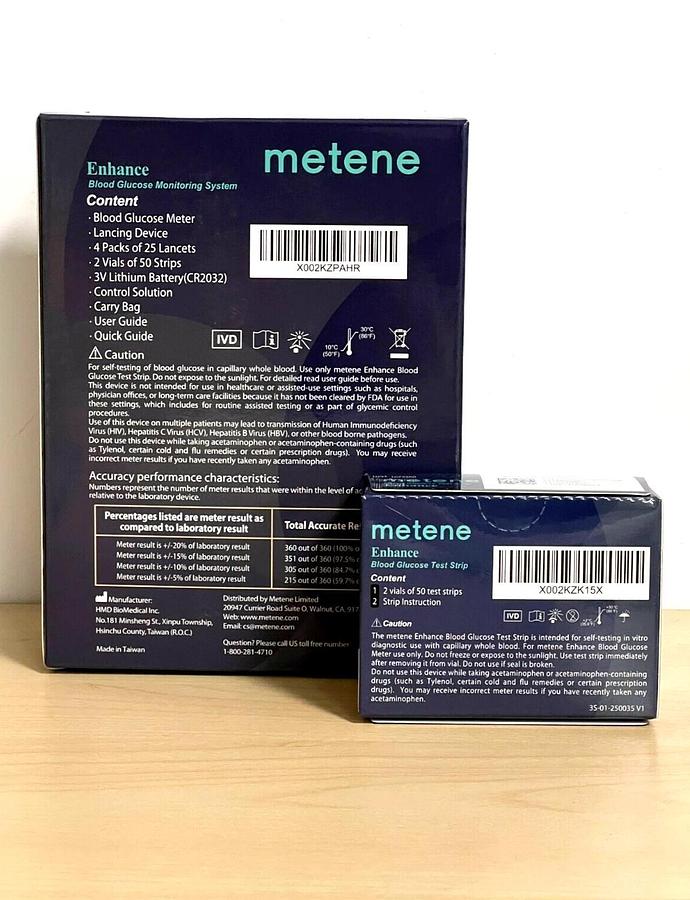 Used Metene Enhance Blood Glucose Monitoring System w/ 200 Glucose Test Strips EXP 22