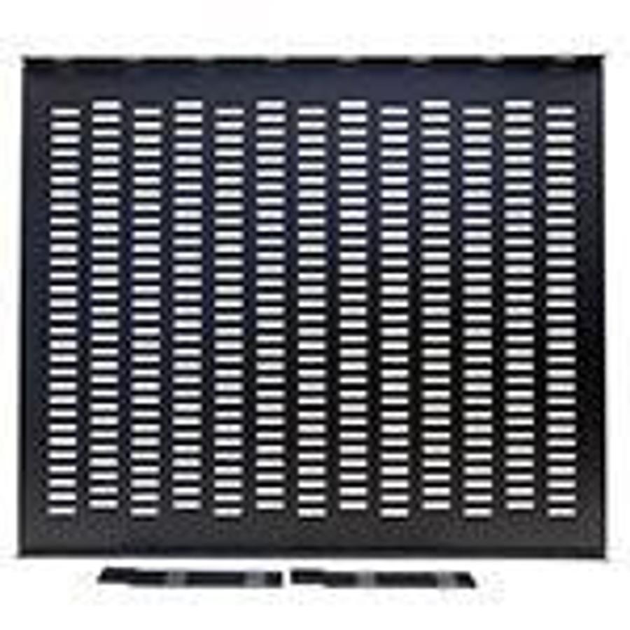 Used Shelf for 19" cabinet racks, Ventilated, 21.250" L x 17.906" W x 1.578" H (539.75mm x 454.81mm x 40.08mm) 16-gauge steel with flanged front and rear to support up to 200 lbs. ES5856