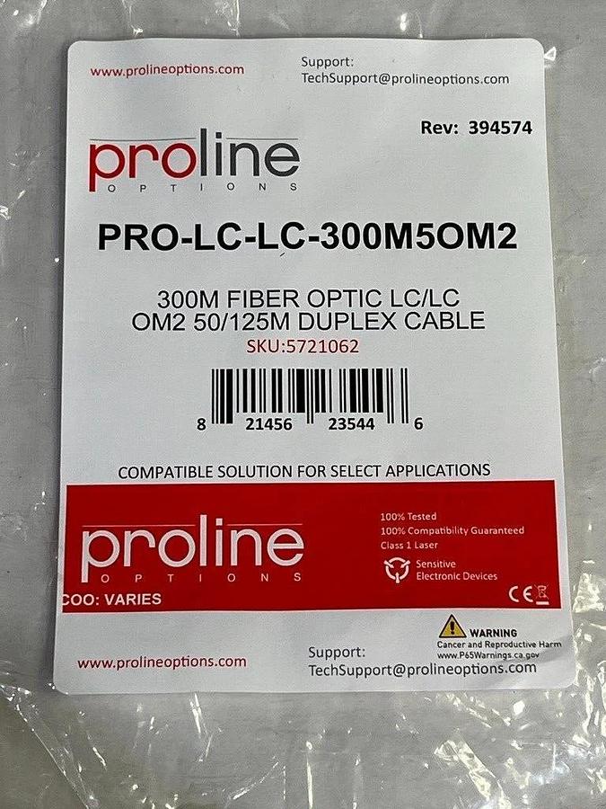 Used Proline PRO-LC-LC-300M5OM2 300m LC-LC Orange Duplex OM2 Patch Fiber Optic Cable