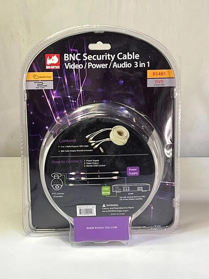 Used Rhino Tek 25FT BNC Security Cable, 3 in 1: Video / Power / Audio - RHC-031-025