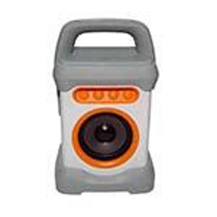 Used iCanBT Bluetooth speaker. Measures 5.7 x 4.9 x 9". Batteries (8xAA) not supplied. Includes 61.5" 3.5 to 3.5mm audio cable. (Water Resistant) White ES7356