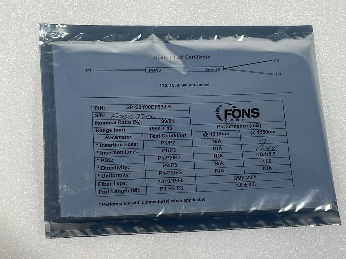 FONS Corp SP-S2Y00EF99J-P Fiber Optic Splitter 1X2, 1550 nm, 900 um Jacket