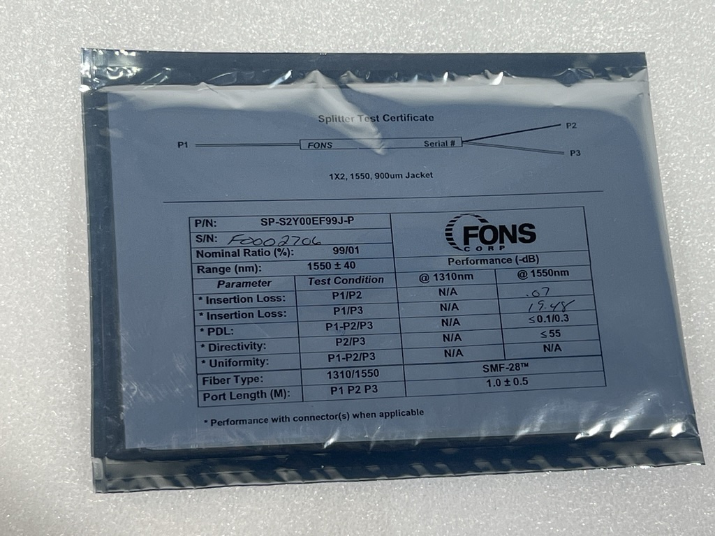 FONS Corp SP-S2Y00EF99J-P Fiber Optic Splitter 1X2, 1550 nm, 900 um Jacket