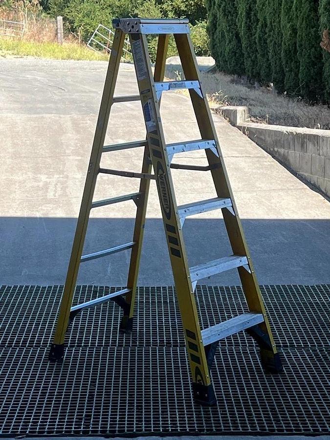 Used Lot of 6 Fiberglass Step Ladders - 1 Each: 6 Ft, 3 Each: 8 Ft, and 2 Each: 10 Ft
