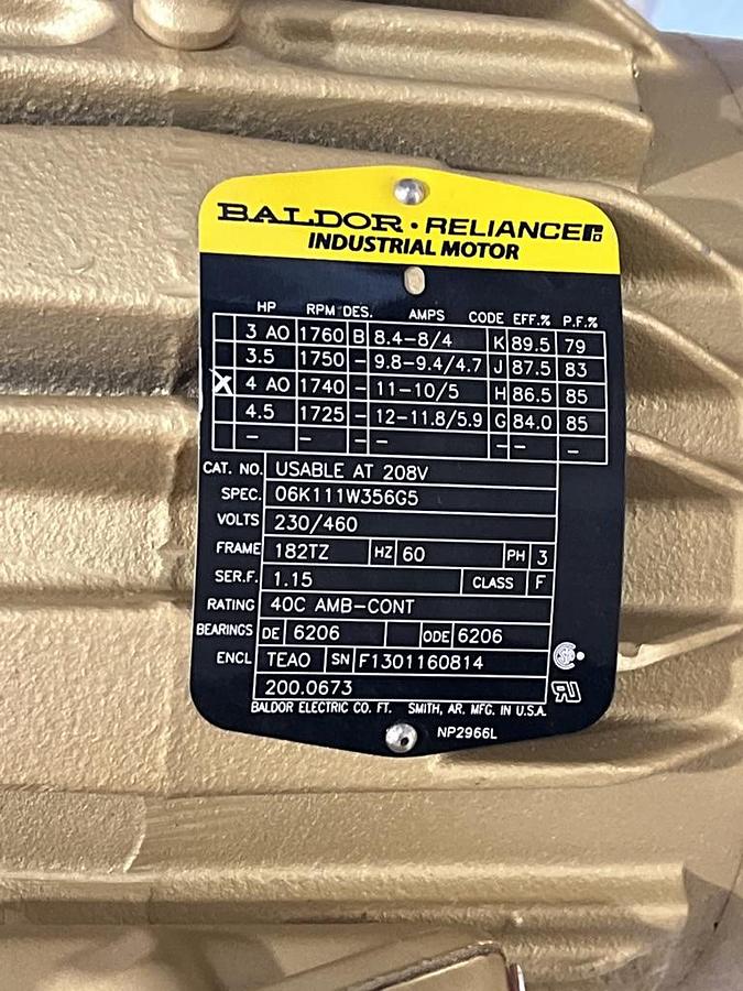 Used Baldor Reliance 06K111W356G5 230/460 VAC 3PH - 3HP Fan Motor - Usable at 208V