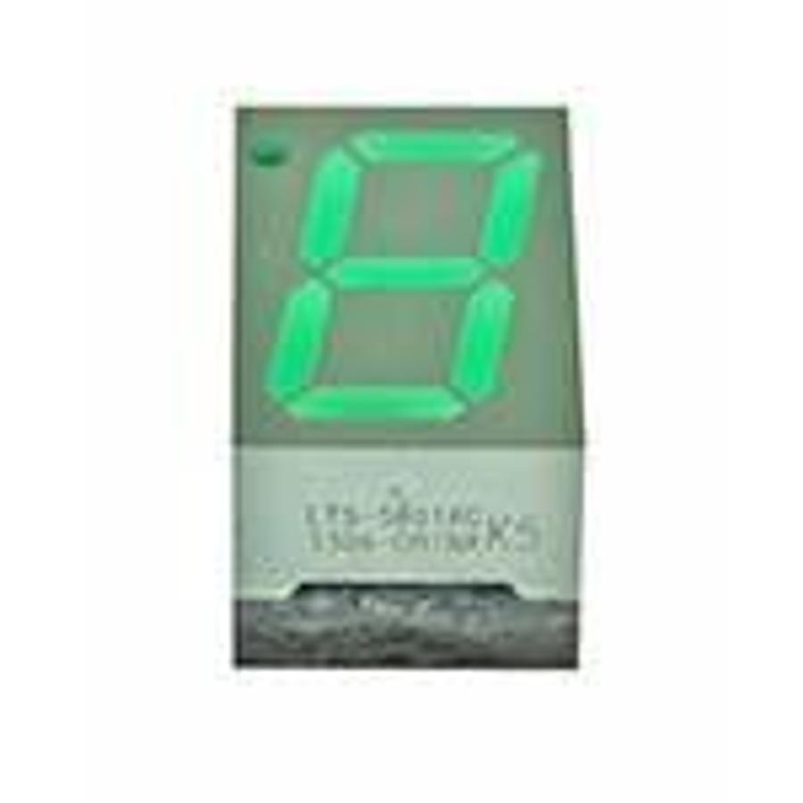 Used LED Display, 1-digit numeric, 7-segment, Yellow, 0.56" (14.22mm), Common Anode, Right hand decimal, Gray face, Green segments ES6676