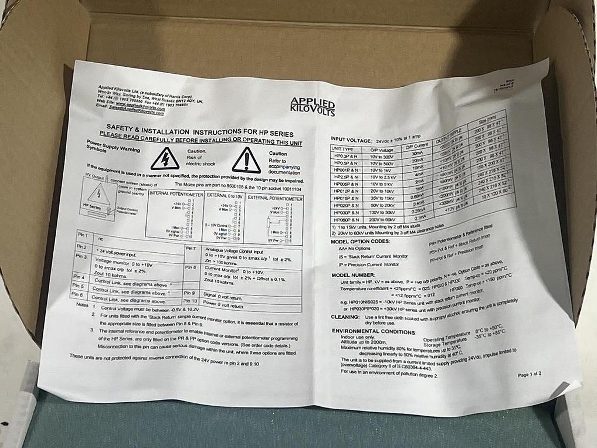 Used Applied Kilovolts HP001RAA025 10V to 1kV High Voltage DC Module