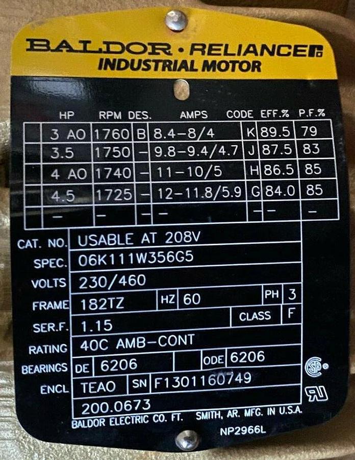 Used Baldor Reliance 06K111W356G5  230/460 VAC 3PH - 3HP Fan Motor - Usable at 208V