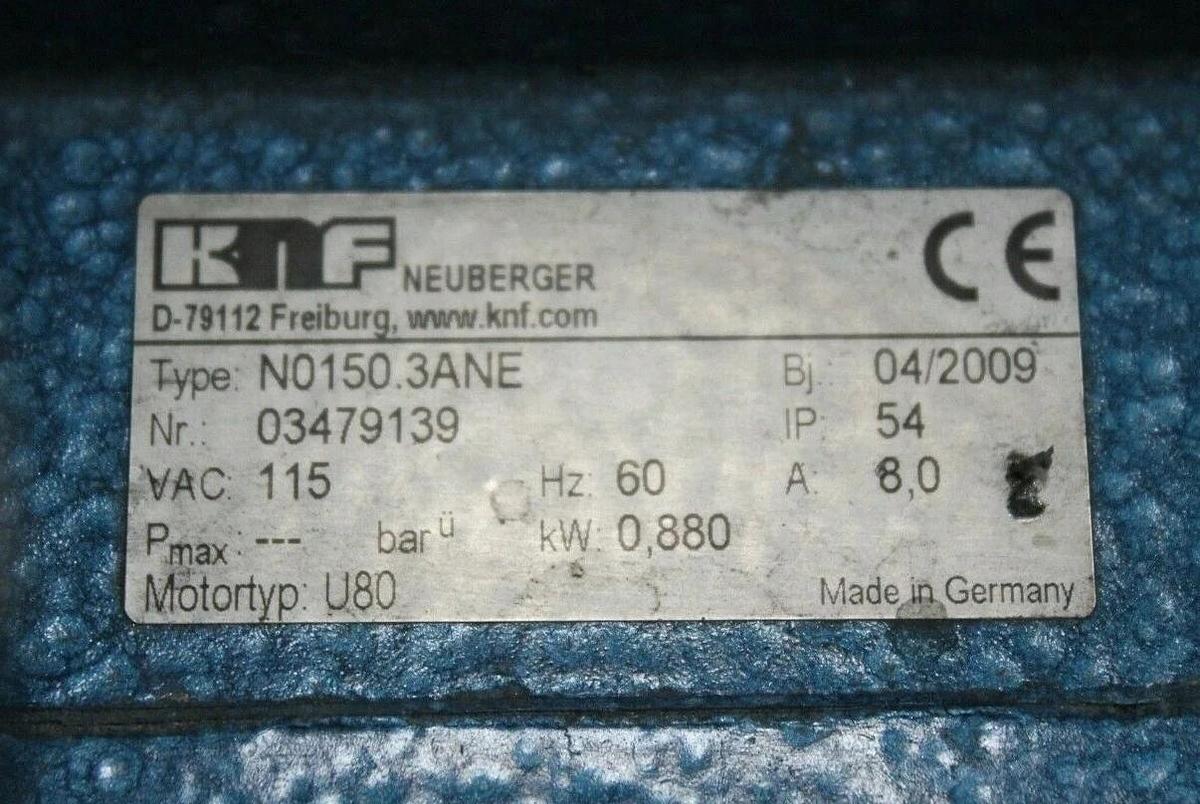 Used KNF Neuberger N0150.3ANE 115V 8A 1HP Double Diaphragm Dual Piston Vacuum Pump