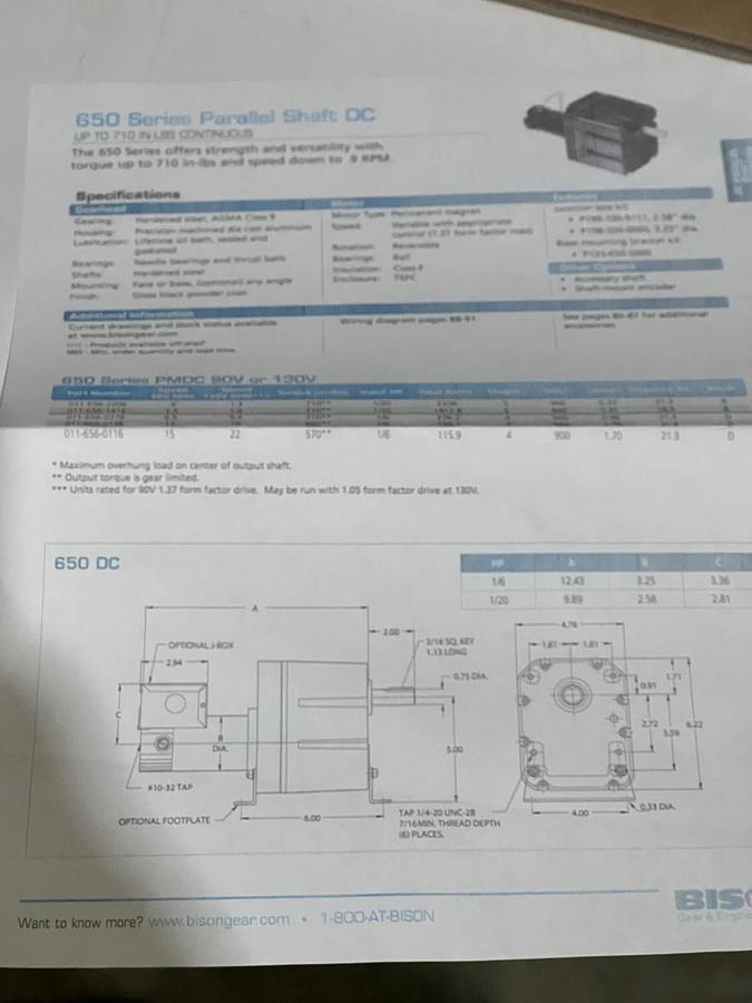 Used Bison 011-652-2206 650 Series DC Gearmotor - 1/20 HP 24VDC 1.0A 0.9RPM 750 IN-LB