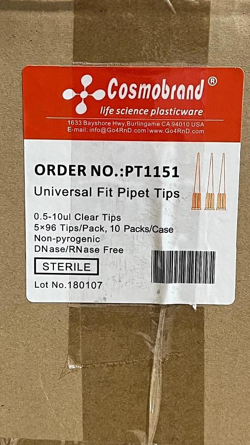 Used Case of 4800 Clear 0.5-10ul Universal Fit Sterile Pipette Tips Cosmobrand PT1151