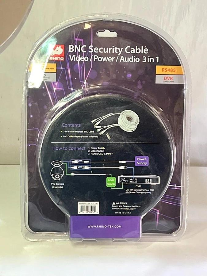 Used Rhino Tek 100FT BNC Security Cable, 3 in 1: Video / Power / Audio - RHC-031-100