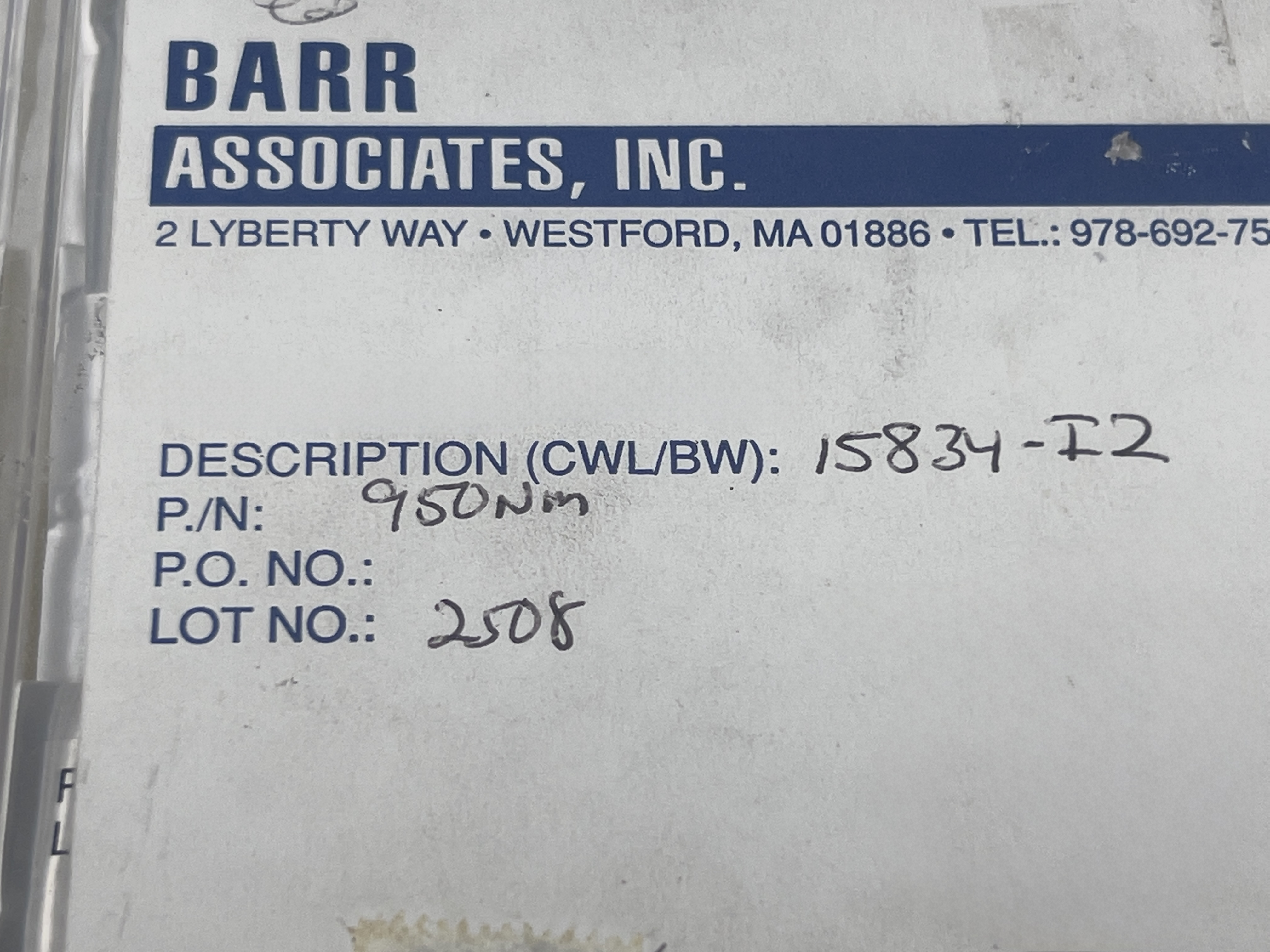 Barr Associates, Inc. 15834-I2 25mm Diameter IR Bandpass Filter 950nm CWL