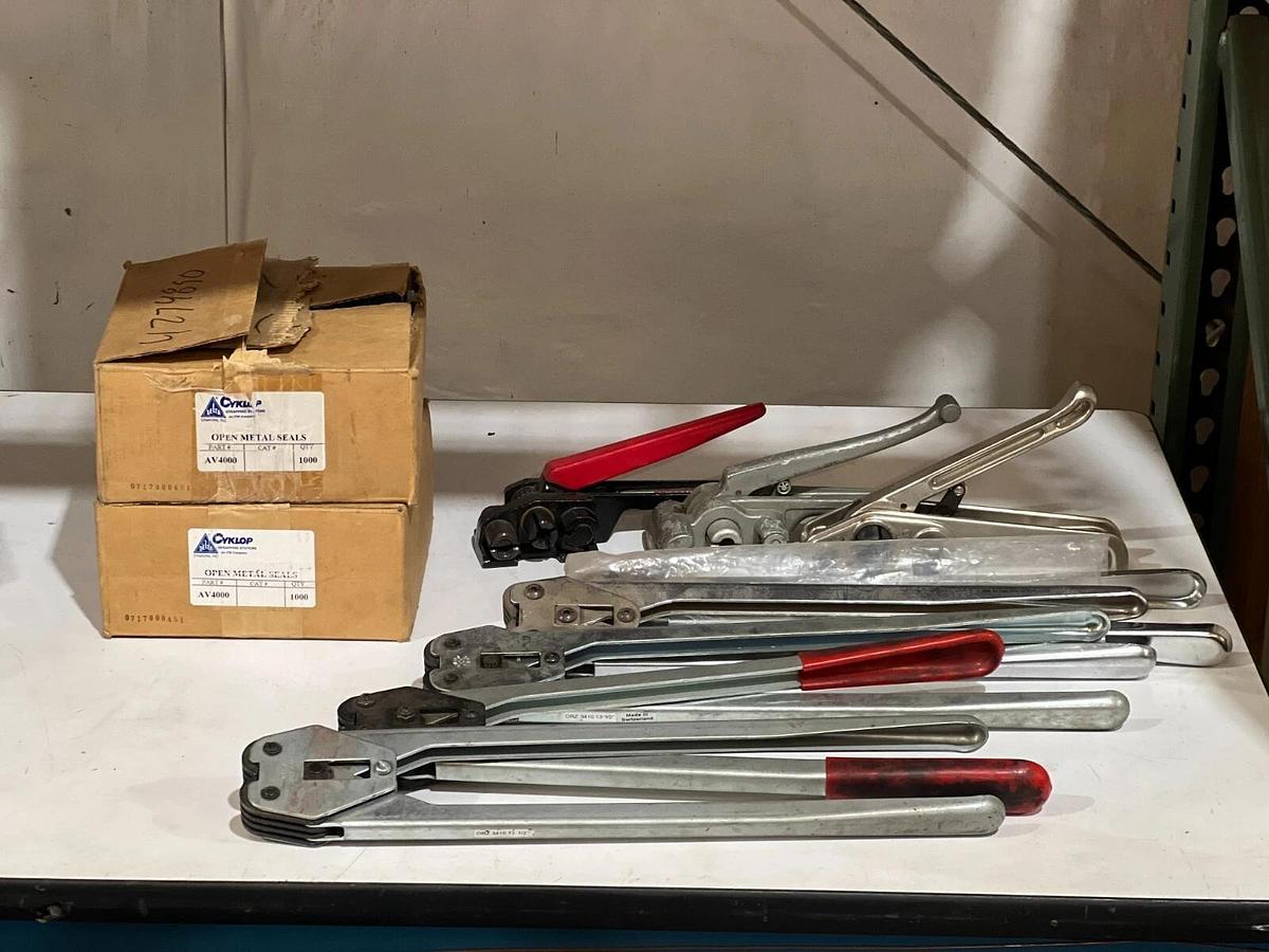 Used Lot of 1/2" Poly Strapping / Banding Tools: Tensioners, Crimpers/Sealers, Seals