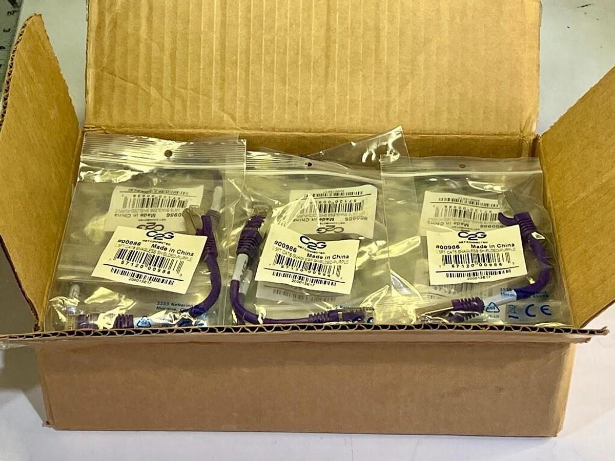 Used Box of 45: C2G #00986 0.5ft Purple Cat6 Snagless Shielded (STP) Ethernet Cables
