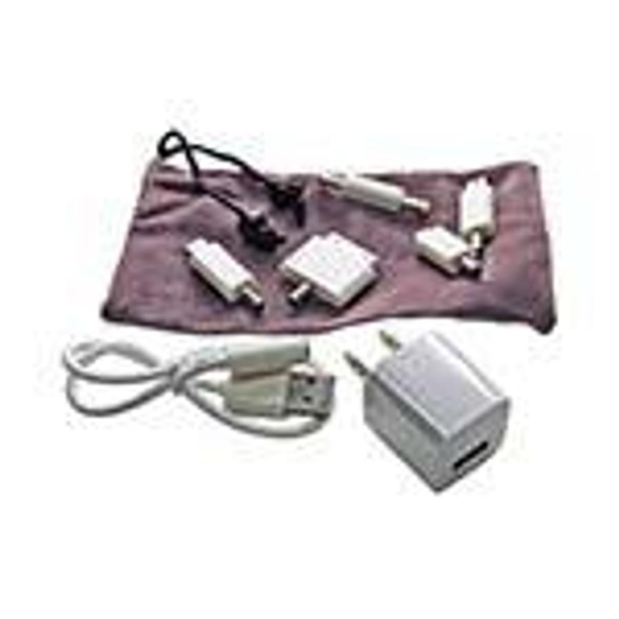 Used Power Adapter-Charger with cable USB Type A to accessories adapter plug; Model A5 adapter, I/P: 110-240VAC 50-60Hz, O/P: 5VDC plus or minus 0.5V, 1A plus or minus 50ma. 5 adapters compatible with iPad, iPhone, iPod touch and carrying bag ES7482