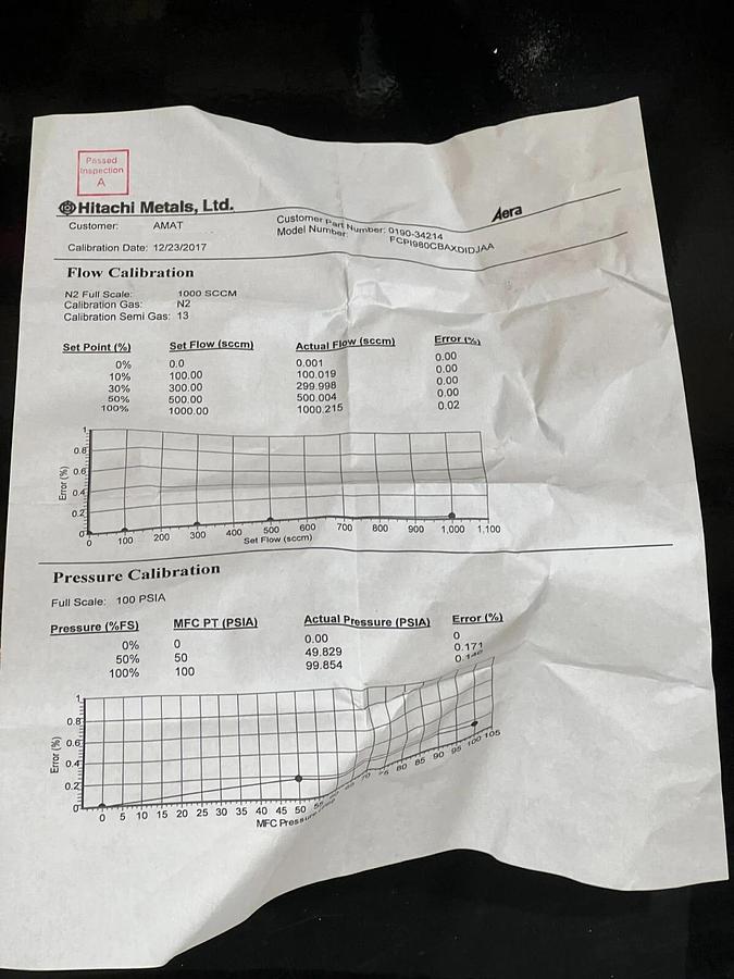 Used Hitachi Metals Aera PI-98 MFC N2 1000 SCCM P/N 0190-34214 Mo. FCPI980CBAXDIDJAA