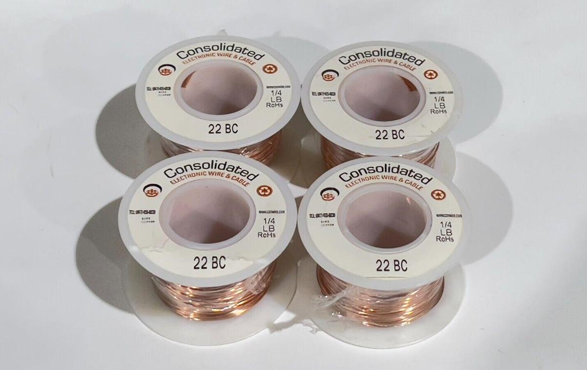 Used Lot of 4 Spools 1/4 LB 22 BC Bare Copper Consolidated Wire - 22 AWG Solid 4OZ