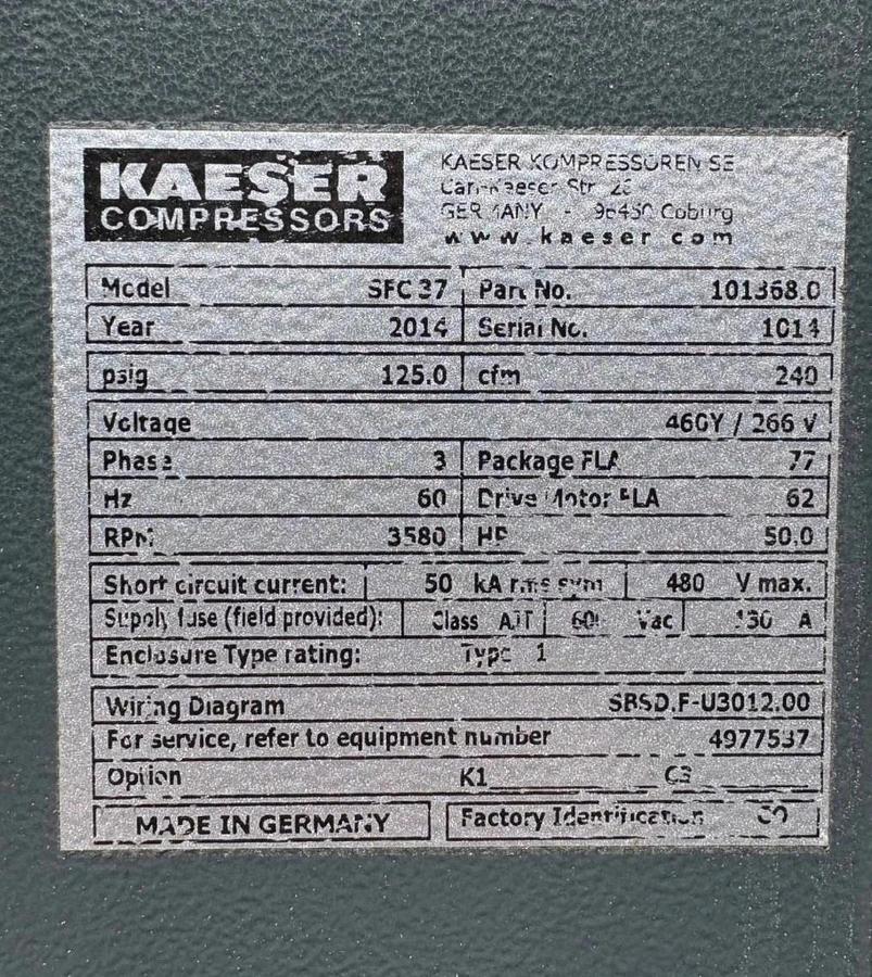 Used 2014 Kaeser 240cfm 50hp air compressor