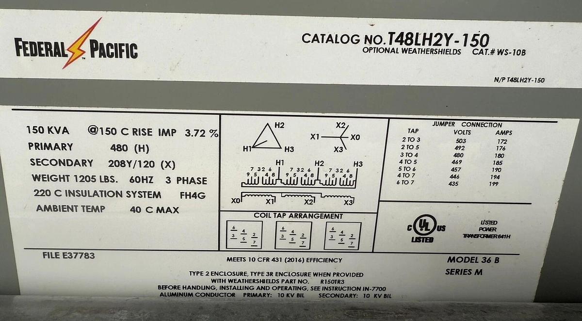 150 kva Federal Pacific 480-208Y/120 Step Down Transformer -NEW- Free Shipping !