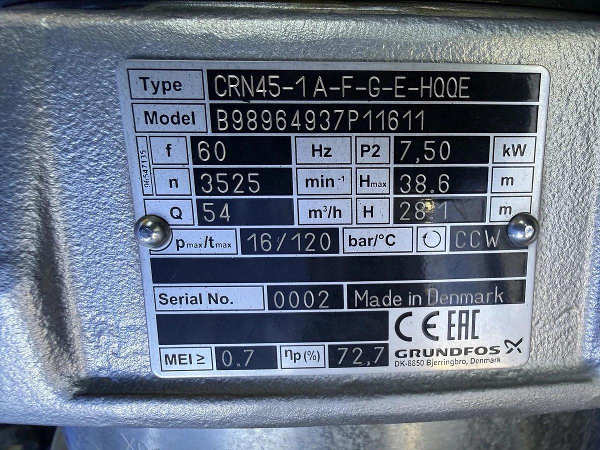 Grundfos 7.5kw CRN45-1A-F-G-E-HQQE Multistage Centrif Vert Pump - Unused.