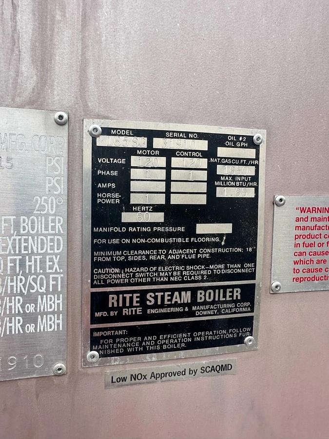 Used 2015 Rite 39hp Low NOx NatGas Steam Boiler - West Coast