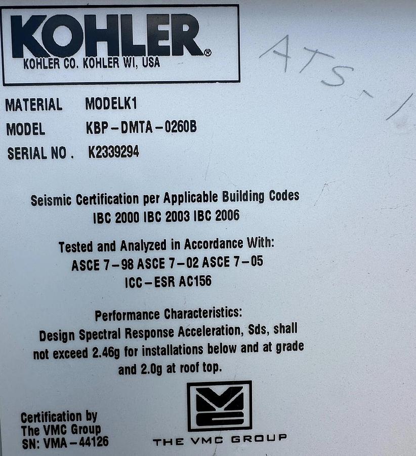 Used KOHLER POWER SYSTEM - 260 Amp Transfer Switch (Model KBP-DMTA-0260B) - Reno, NV