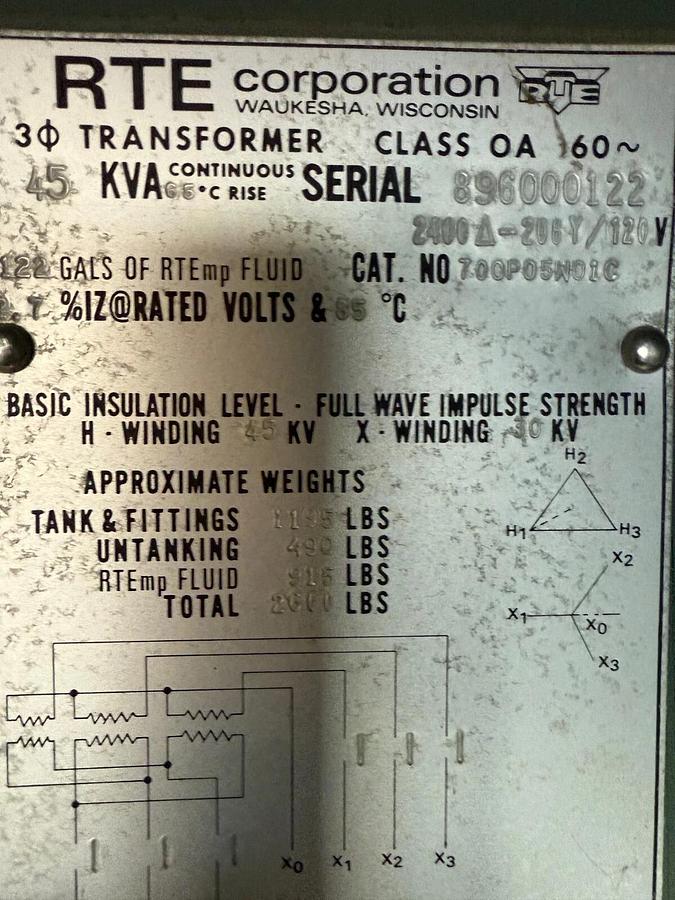 Used RTA 45kva 2400delta - 208Y/120v Padmount Transformer