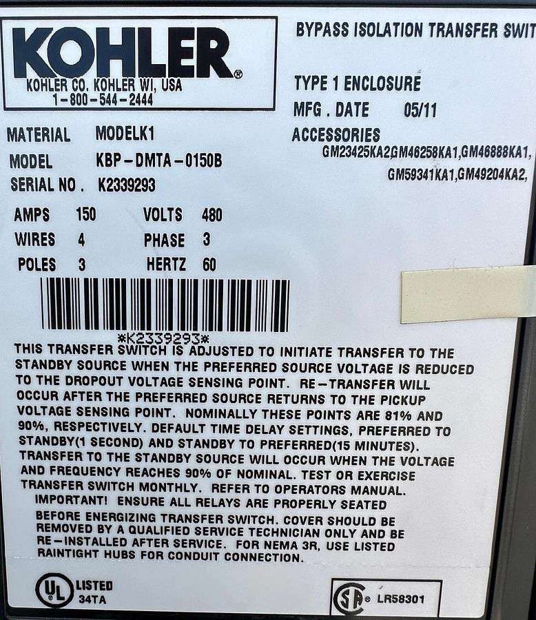 Used KOHLER POWER SYSTEM - 150 Amp Transfer Switch (Model KBP-DMTA-0150B) - Reno,NV