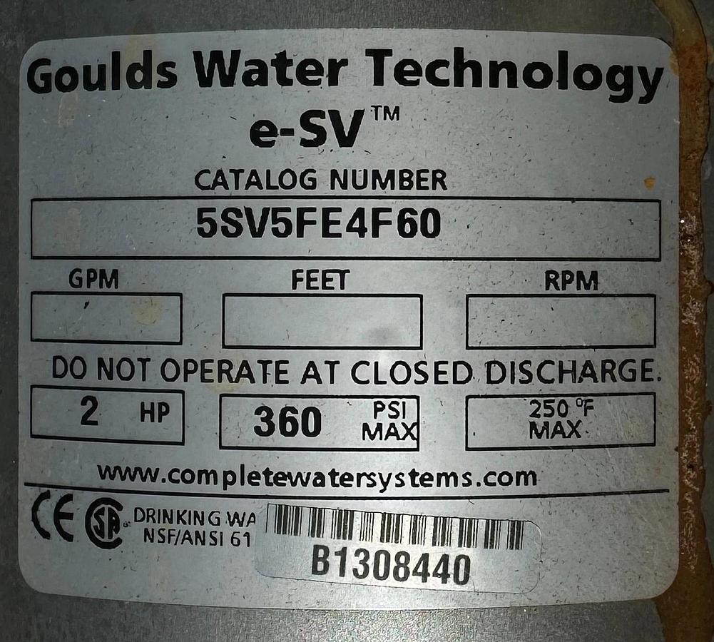 Used (Lot of 2) Goulds Vertical 5-Stage e-SV Pumps w/ Baldor 2hp super-E Motors