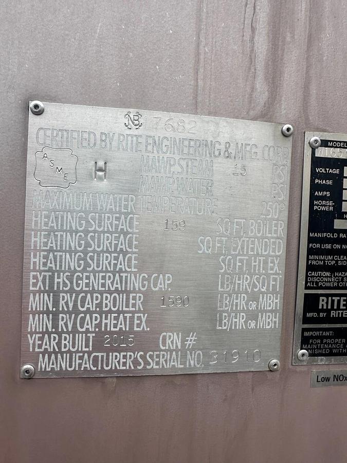 Used 2015 Rite 39hp Low NOx NatGas Steam Boiler - West Coast