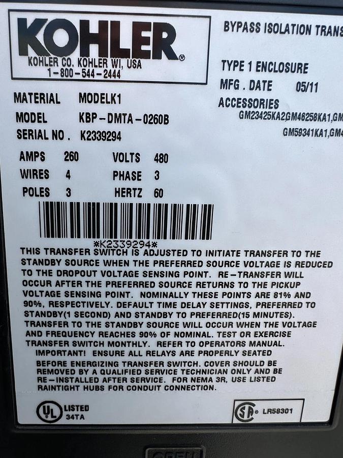 Used KOHLER POWER SYSTEM - 260 Amp Transfer Switch (Model KBP-DMTA-0260B) - Reno, NV