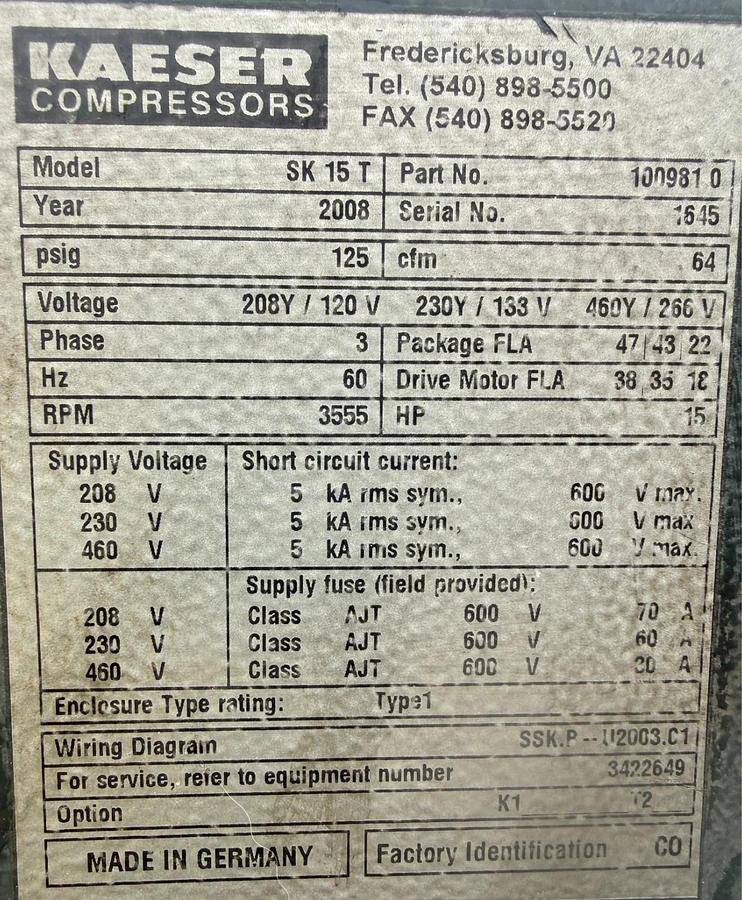 Used Kaeser sk 15 t Air Compressor 100981.0 / Receiver Tank