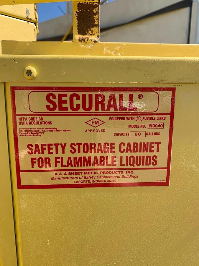 Used Securall W3040 Flammable Materials Storage Cabinet, 60gal cap.