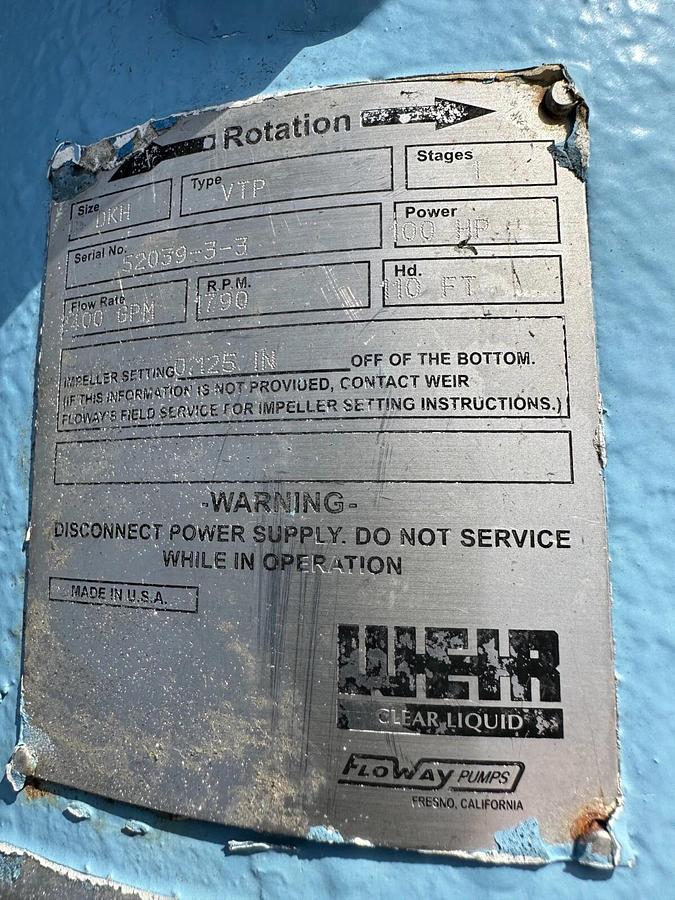 Used 100 hp Weir FloWay Vertical Turbine Pump 440v -Carson City, NV 89706