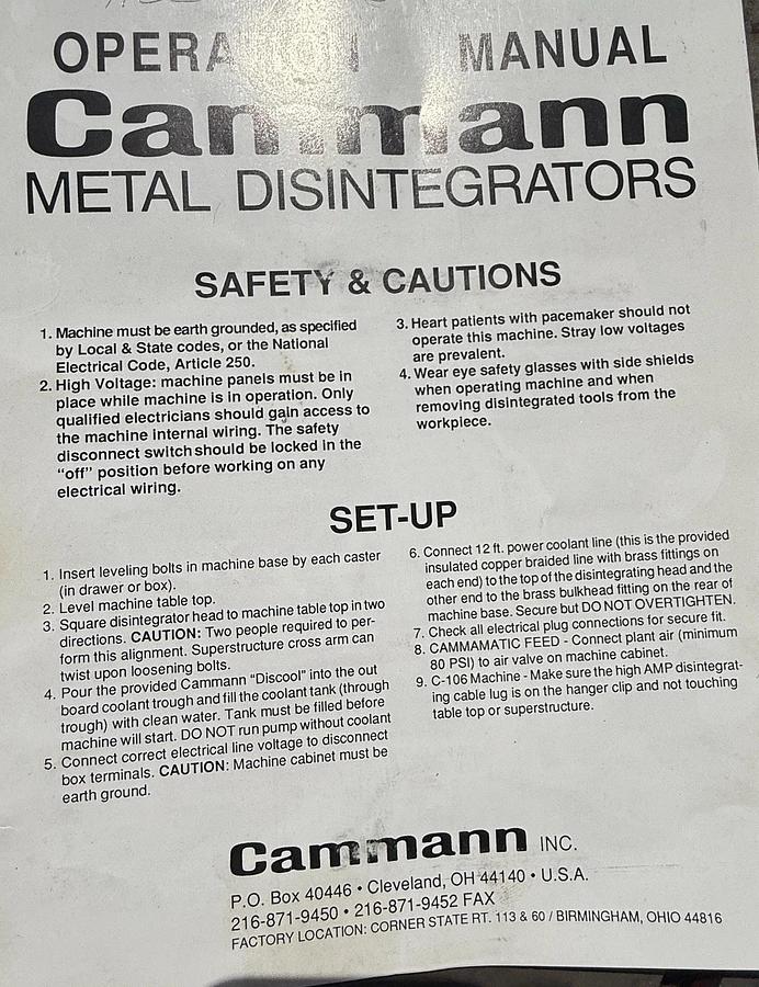 Used Cammann c-30 Metal (tap) Disintegrator