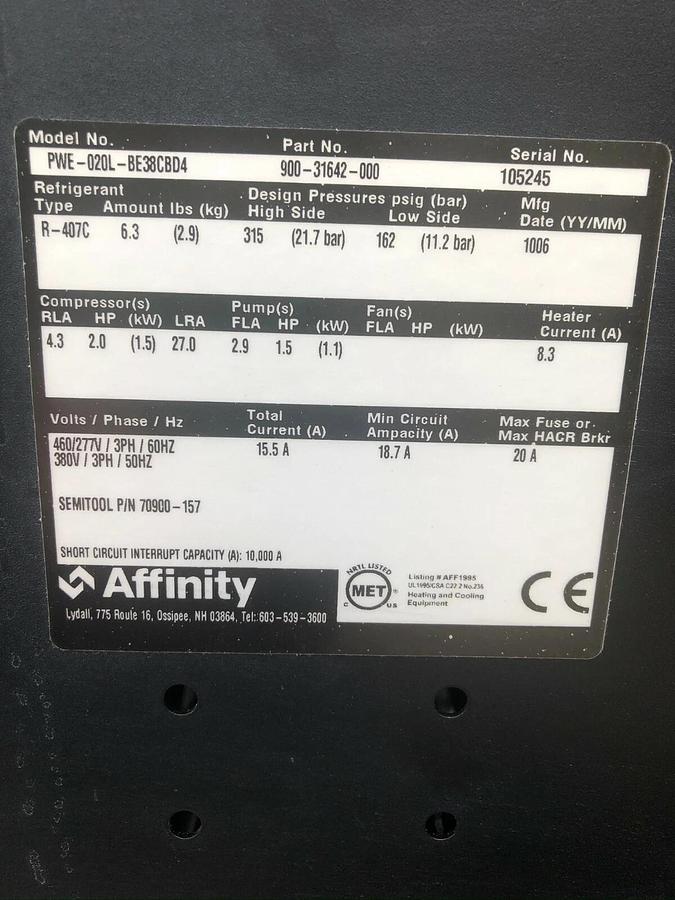 Lydall Affinity Chiller (PWE-020L-BE38CBD4) 277/460v 3Ph R-407C UNUSED !
