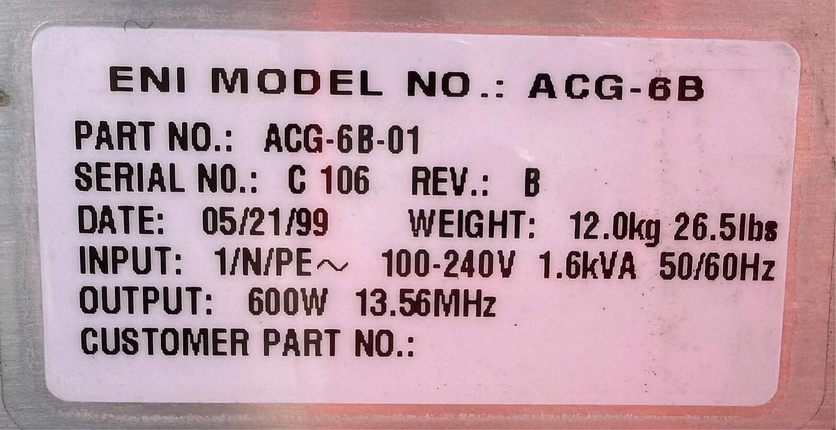 Used ENI ACG-6B 13.56MHz 600W RF Generator - P/N ACG-6B-01
