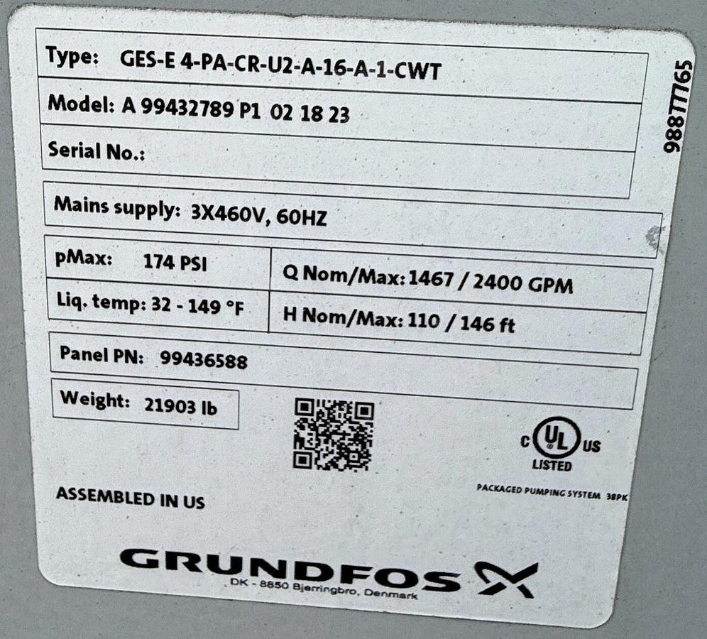 Used Grundfos - 4x75hp - Vertical Multi Stage IrrigationCooling Tower Pump Skid -Reno