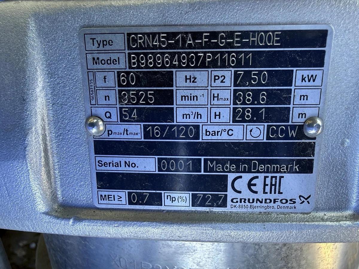 Grundfos 7.5kw CRN45-1A-F-G-E-HQQE Multistage Centrif Vert Pump - Unused.